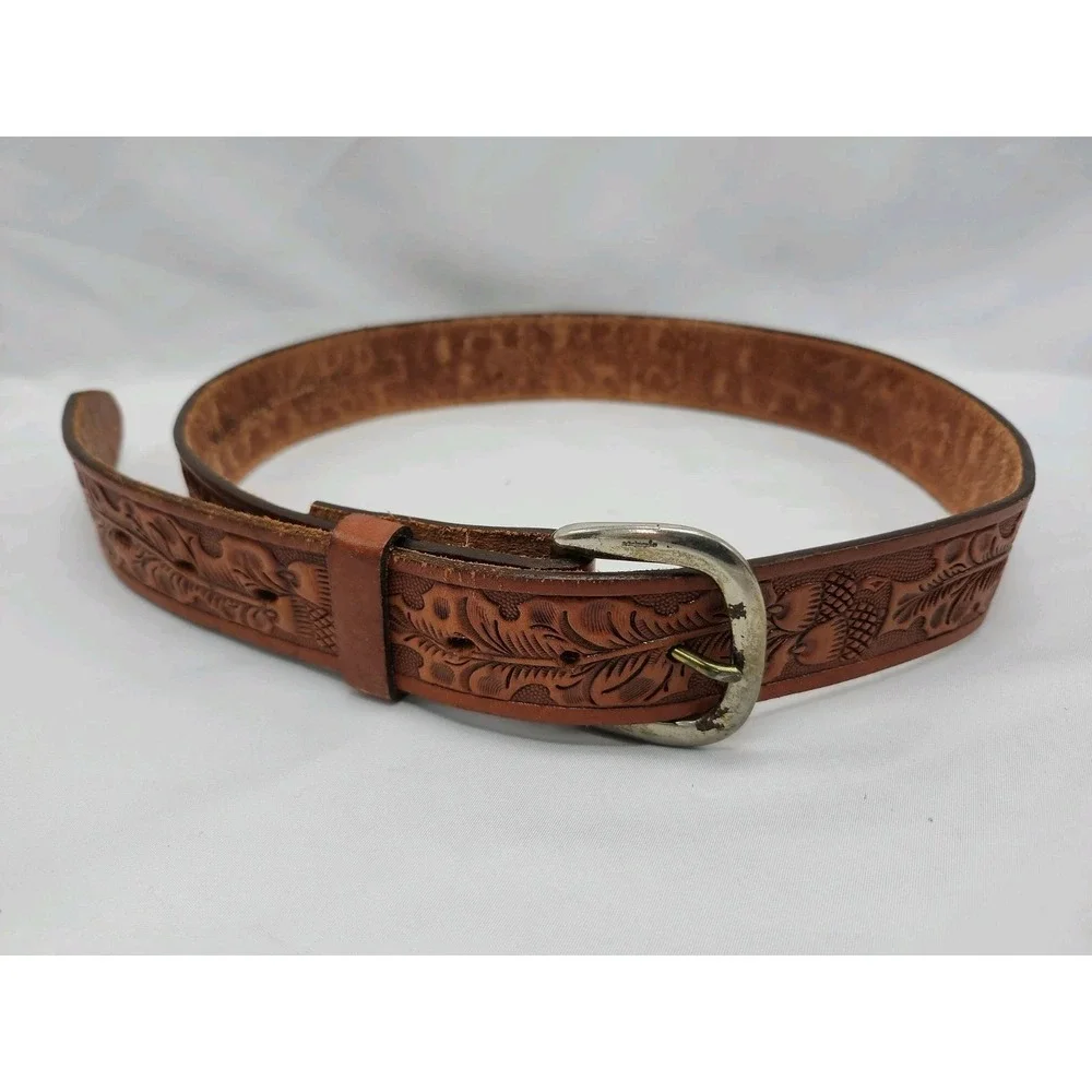 Western Tooled Leather Belt Silver Buckle Size 32 Brown